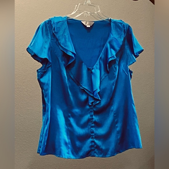 ZOA New York Blue Flutter Sleeve Ruffled Silk Blouse Size L - Picture 3 of 8